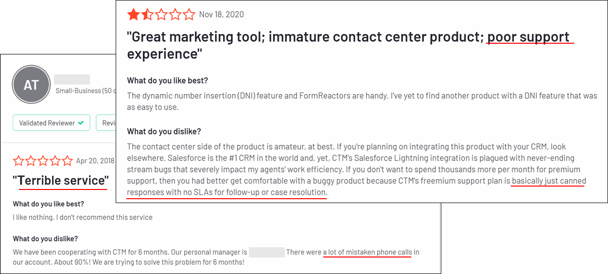 Negative reviews about CallTrackingMetrics’ customer service and support.