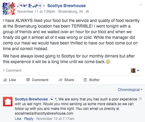 How Scotty's Brewhouse managed to maintain a calm tone of voice when dealing with an angry customer