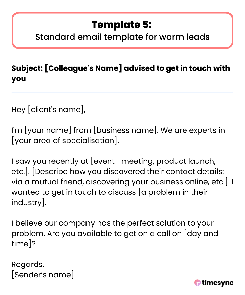 A standard email template for warm leads to schedule a meeting