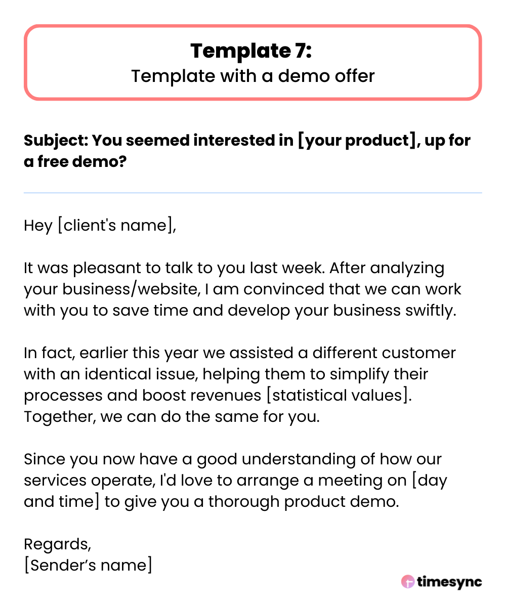A template with a demo offer to schedule a meeting